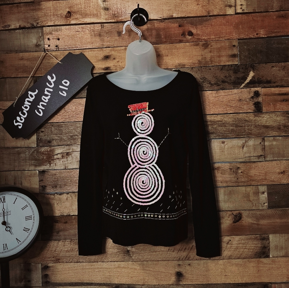 SALE-Max & Lily women's sequined ribbed snowman theme top size S/M
